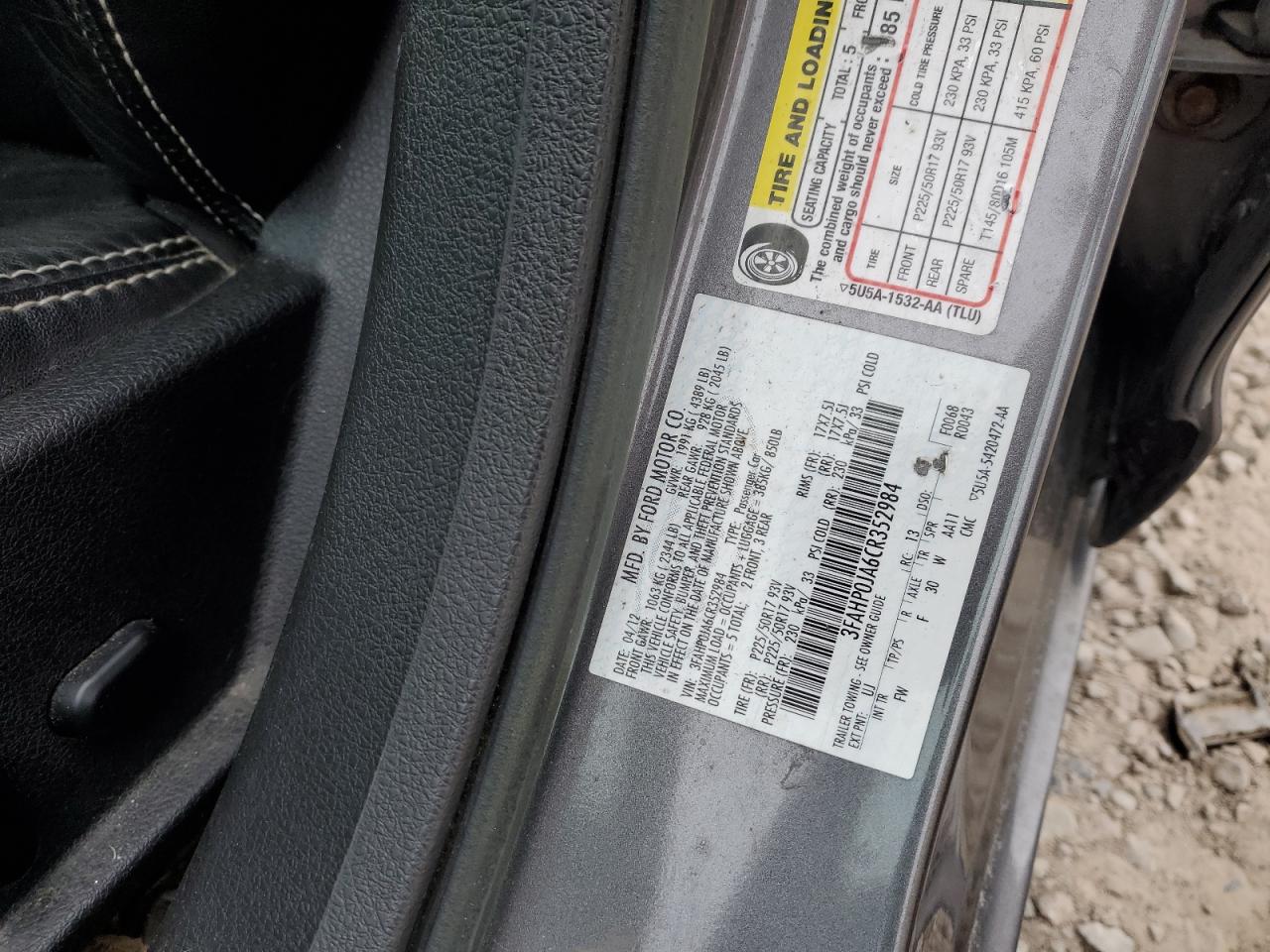 3FAHP0JA6CR352984 2012 Ford Fusion Sel