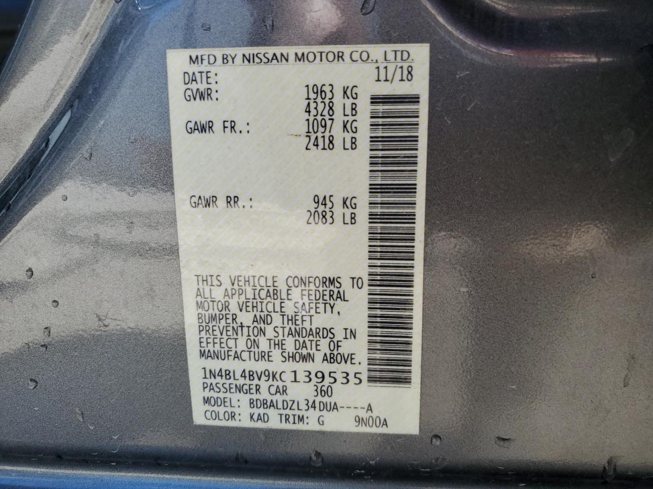 1N4BL4BV9KC139535 2019 Nissan Altima S