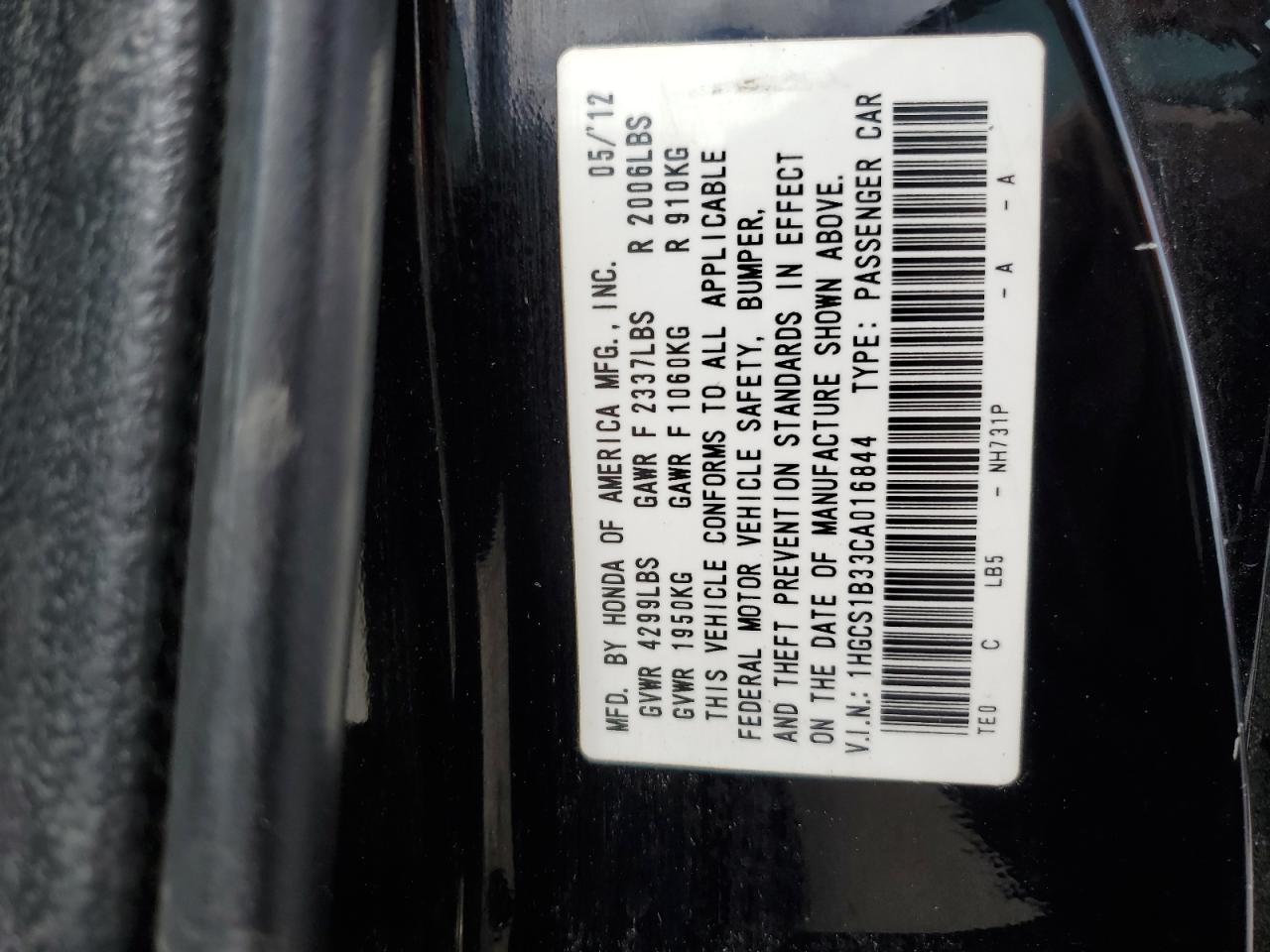 1HGCS1B33CA016844 2012 Honda Accord Lx