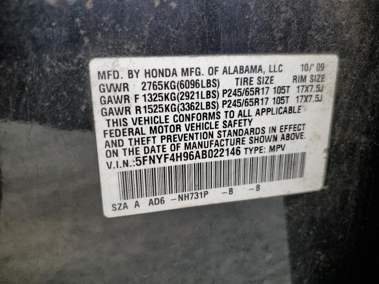 5FNYF4H96AB022146 2010 Honda Pilot Touring