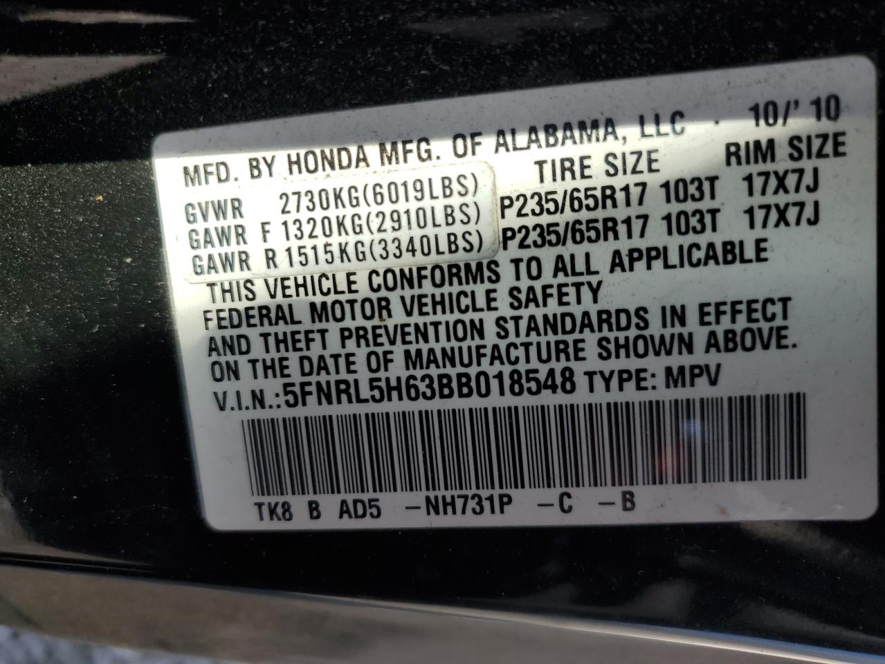 5FNRL5H63BB018548 2011 Honda Odyssey Exl