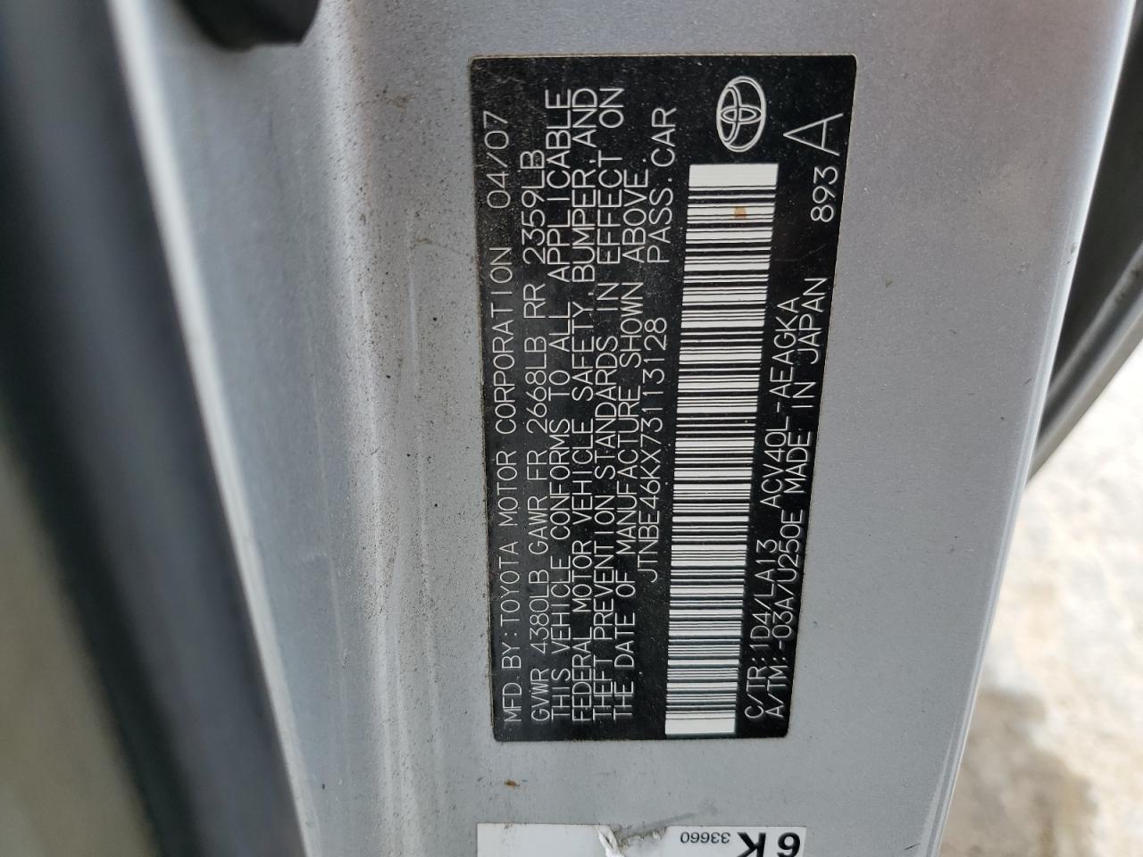 JTNBE46KX73113128 2007 Toyota Camry Ce