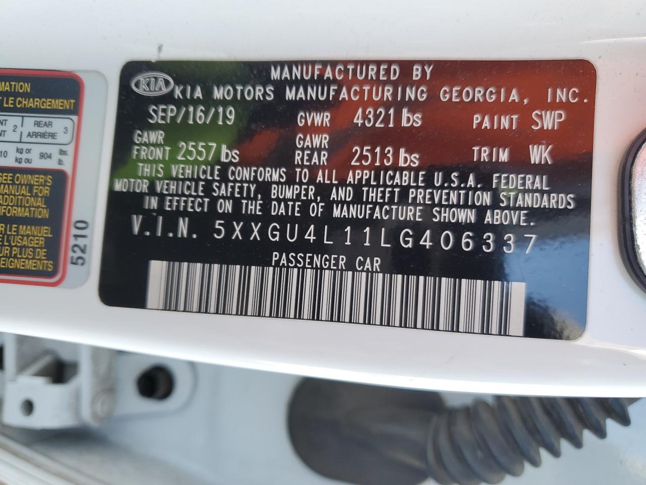 5XXGU4L11LG406337 2020 Kia Optima Ex