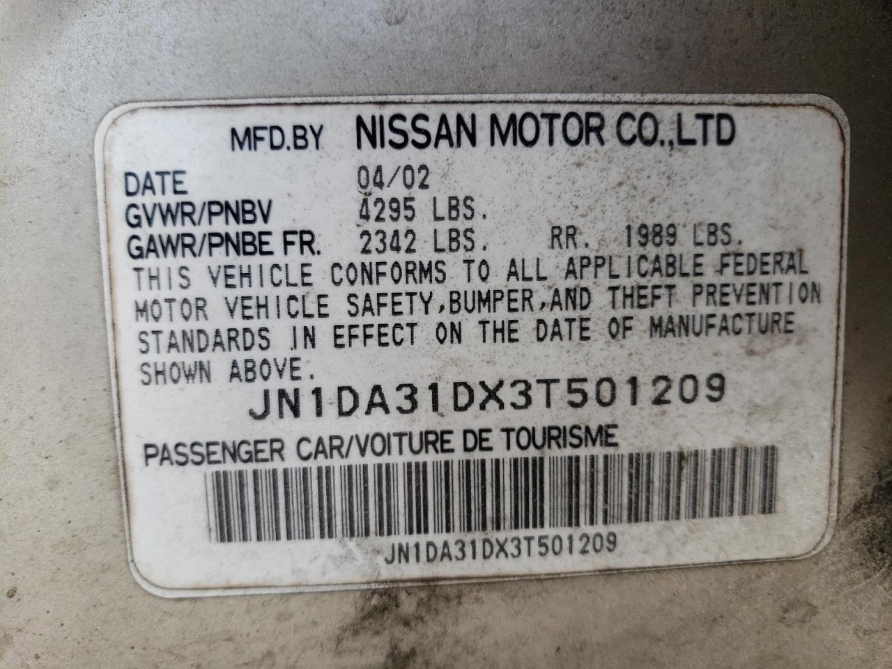 JN1DA31DX3T501209 2003 Nissan Maxima Gle