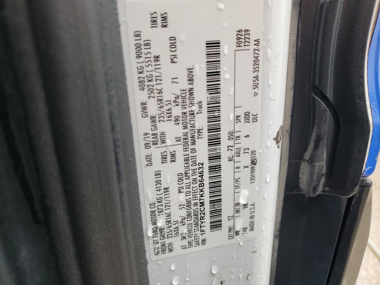 1FTYR2CM7KKB64632 2019 Ford Transit T-250