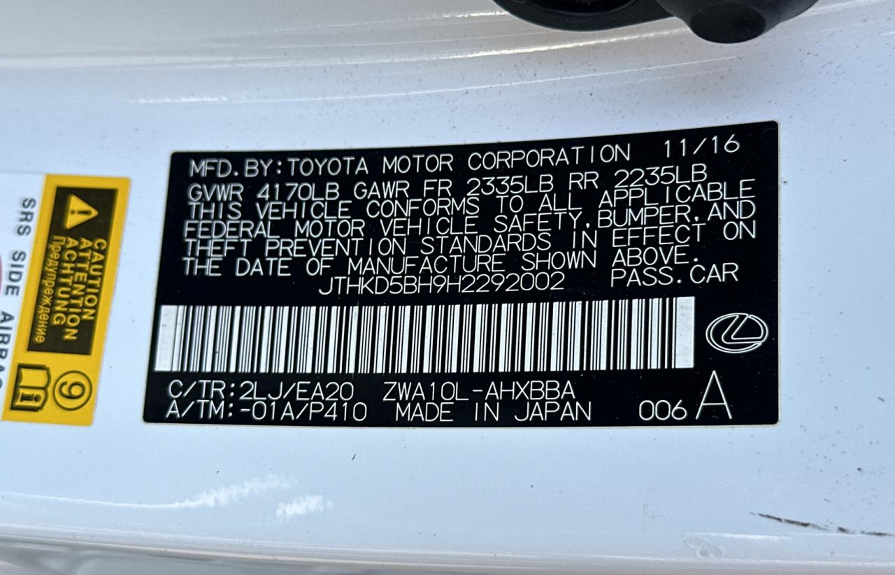 JTHKD5BH9H2292002 2017 Lexus Ct 200