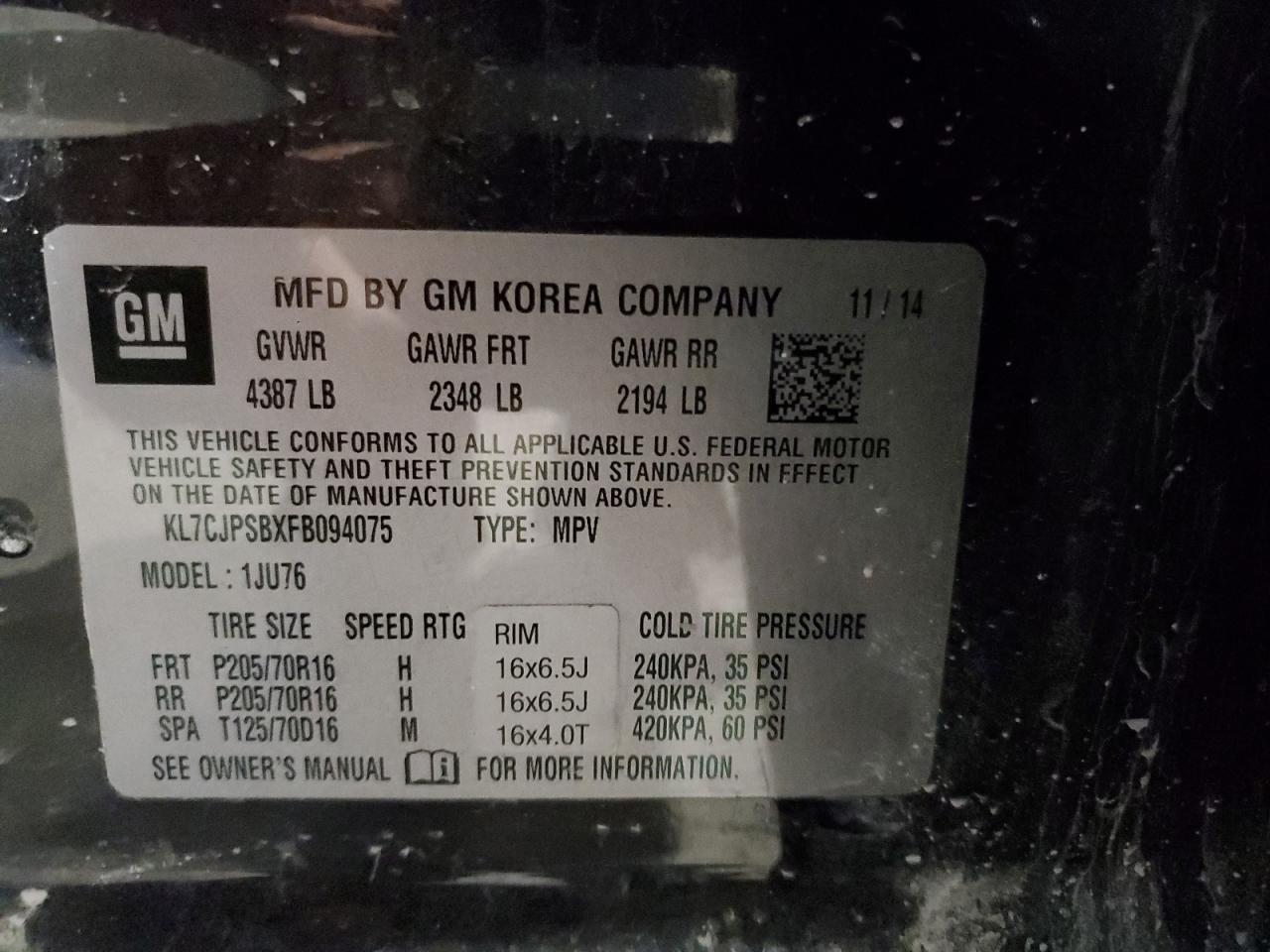 KL7CJPSBXFB094075 2015 Chevrolet Trax 1Ls