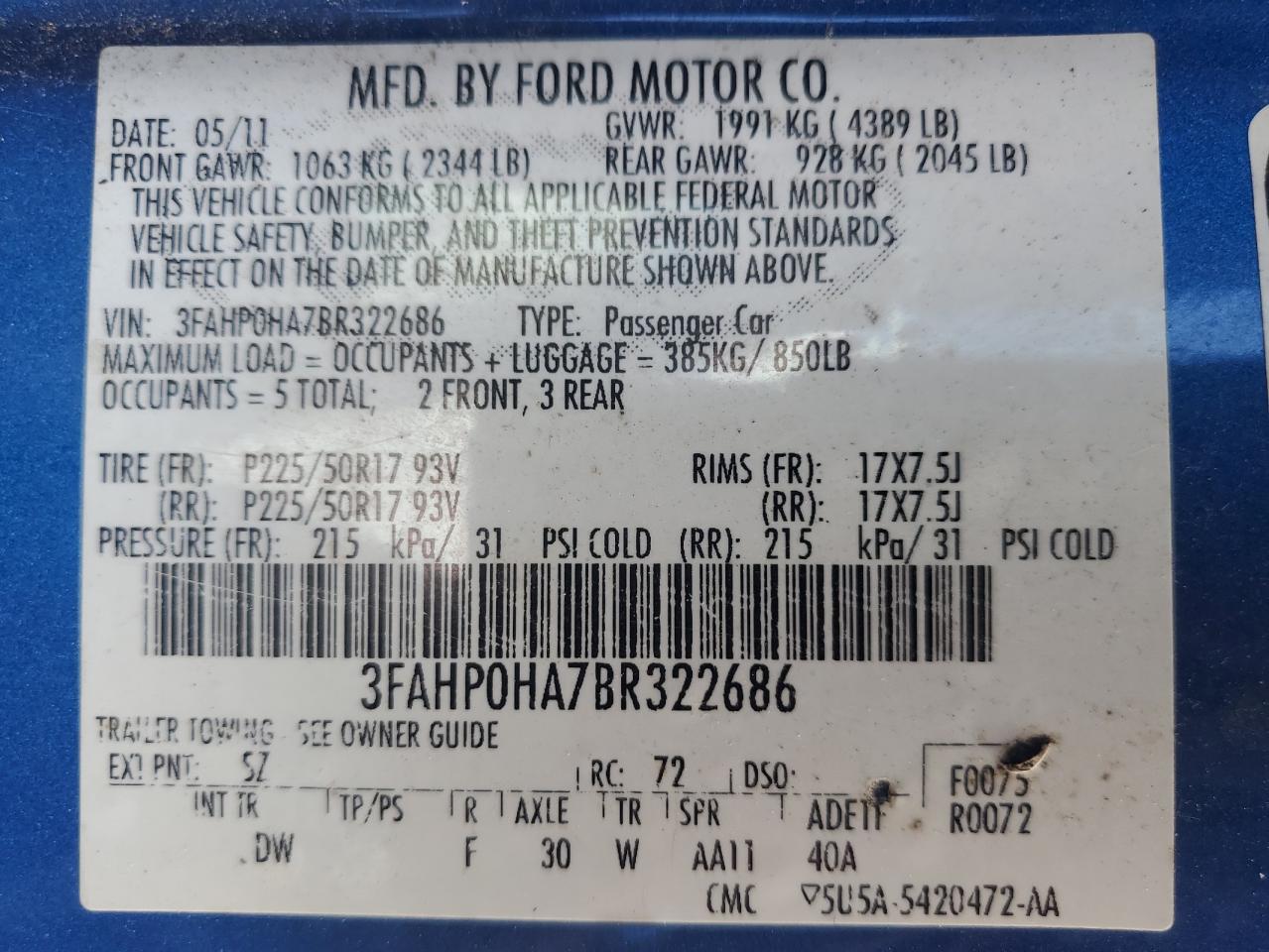 3FAHP0HA7BR322686 2011 Ford Fusion Se