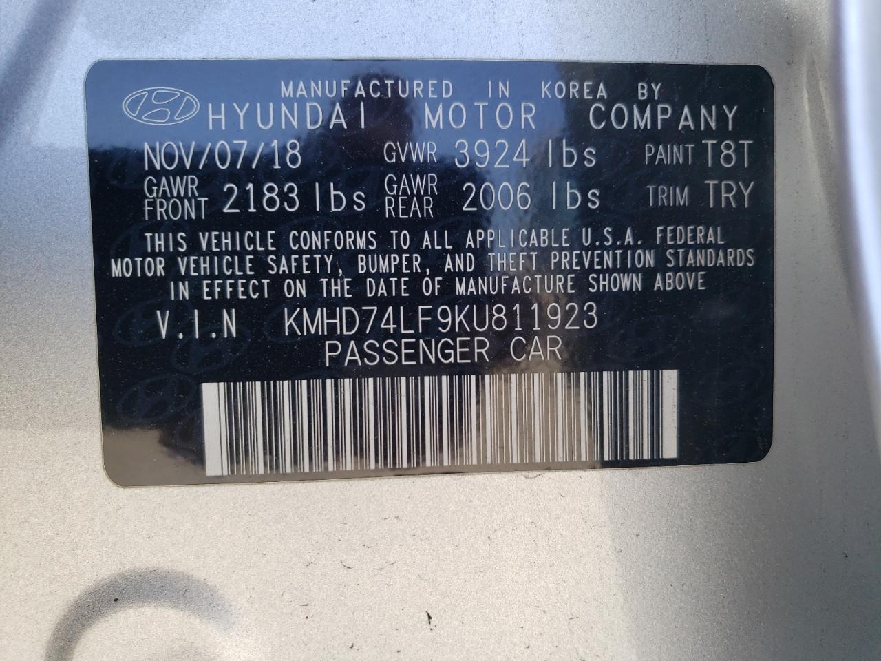 KMHD74LF9KU811923 2019 Hyundai Elantra Se