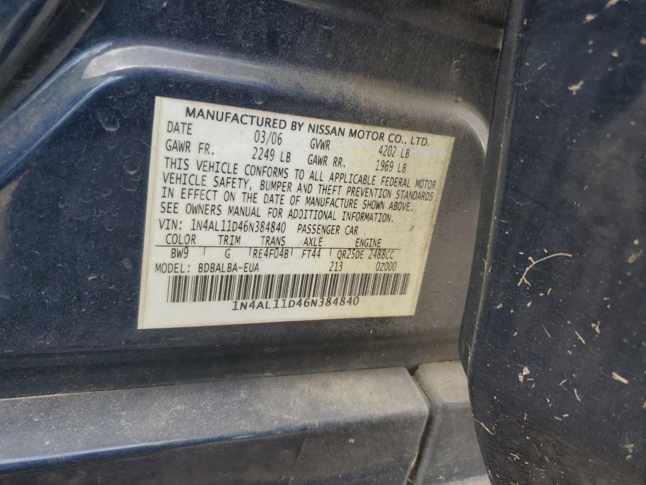 1N4AL11D46N384840 2006 Nissan Altima S