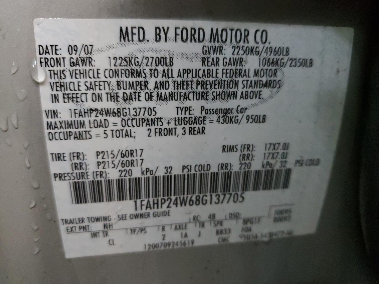 1FAHP24W68G137705 2008 Ford Taurus Sel