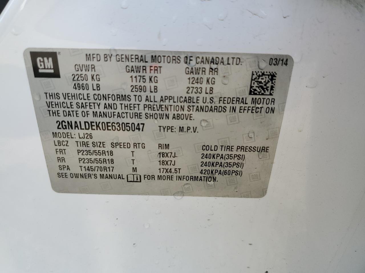 2014 Chevrolet Equinox Ltz vin: 2GNALDEK0E6305047