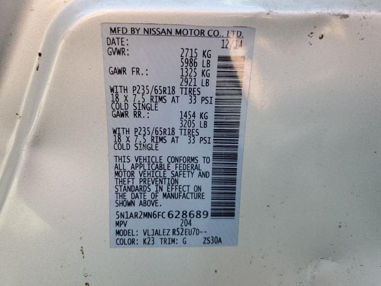 5N1AR2MN6FC628689 2015 Nissan Pathfinder S