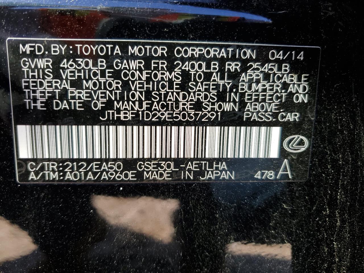 JTHBF1D29E5037291 2014 Lexus Is 250