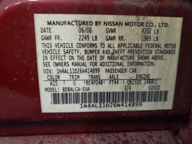 2006 Nissan Altima S VIN: 1N4AL11D26N414899 Lot: 52304044