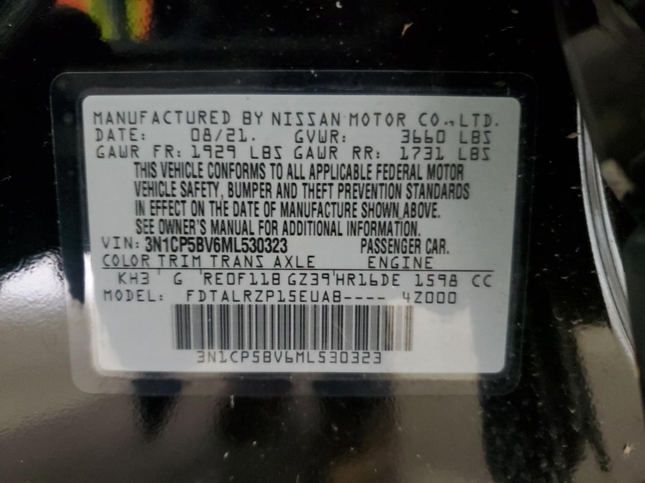 3N1CP5BV6ML530323 2021 Nissan Kicks S