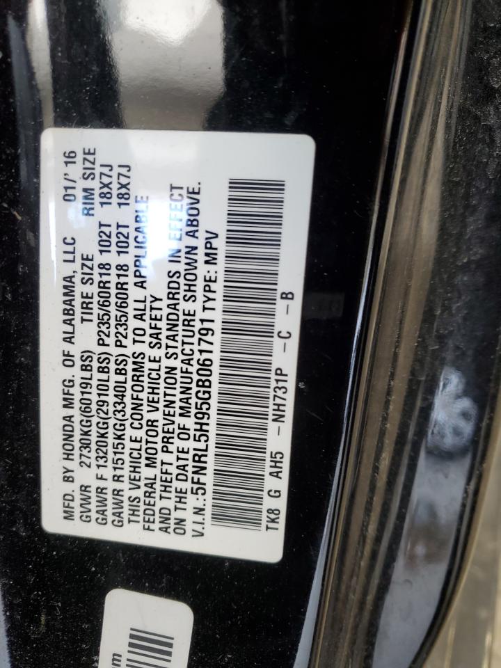 5FNRL5H95GB061791 2016 Honda Odyssey Touring