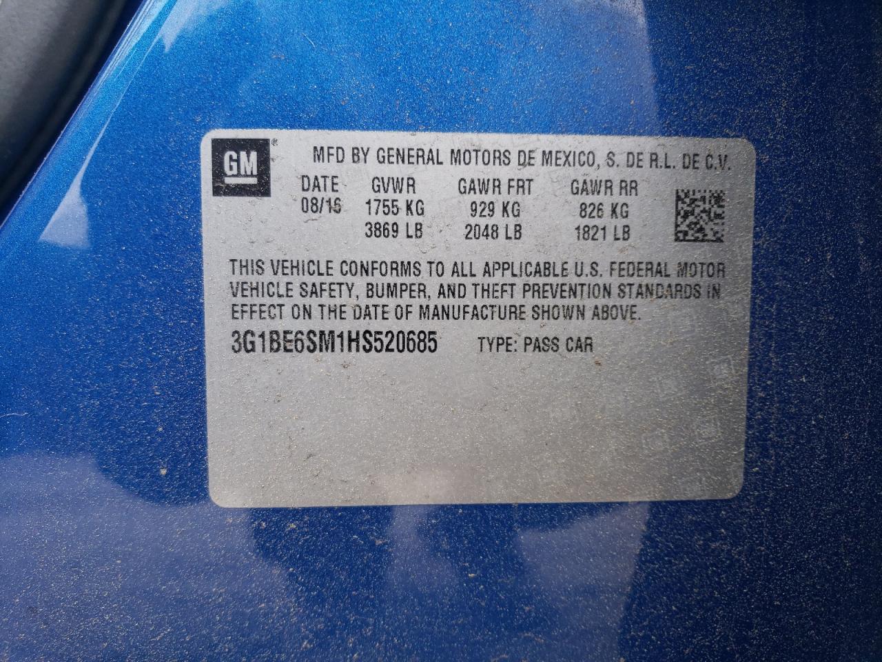 3G1BE6SM1HS520685 2017 Chevrolet Cruze Lt