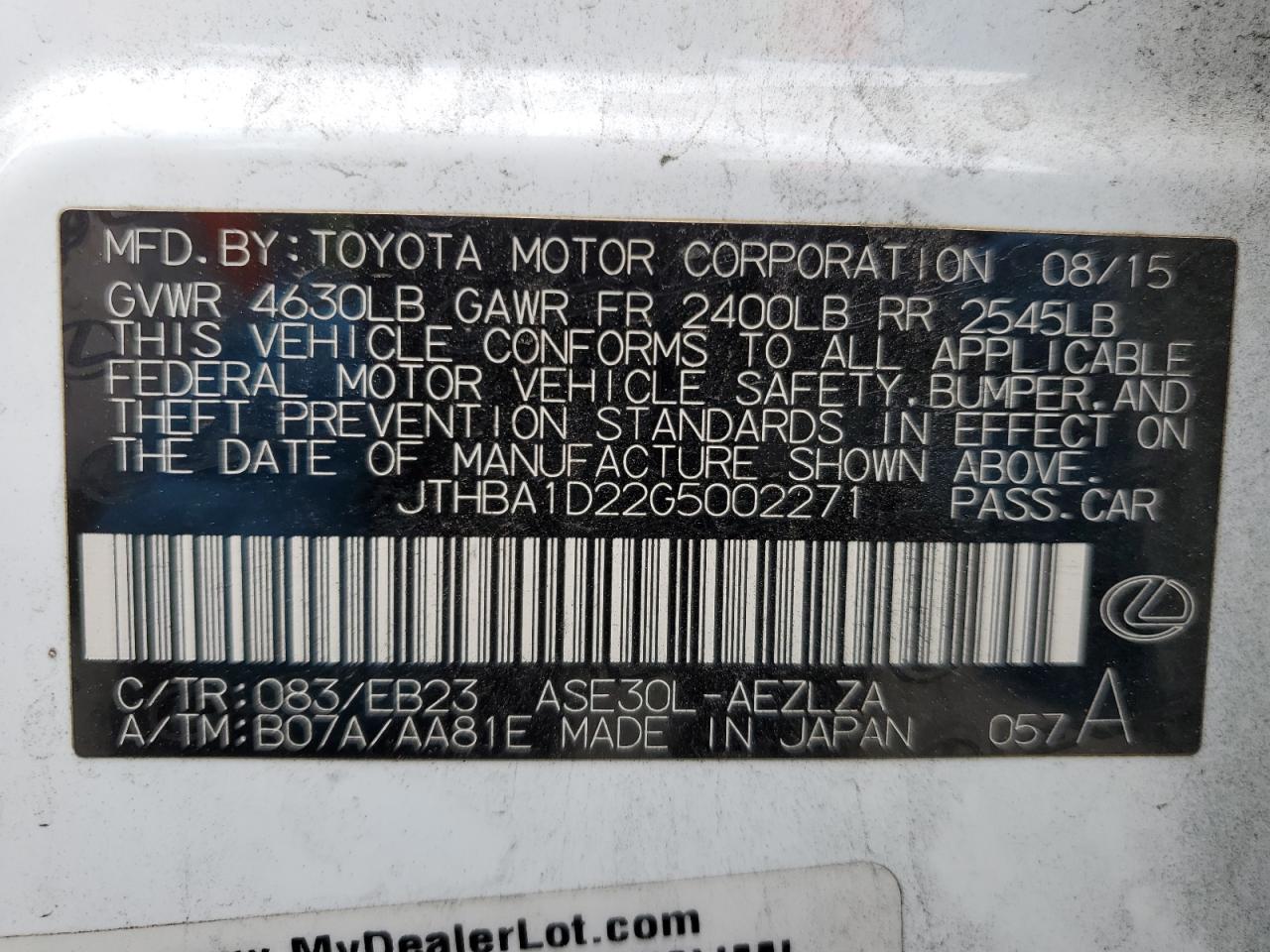 JTHBA1D22G5002271 2016 Lexus Is 200T