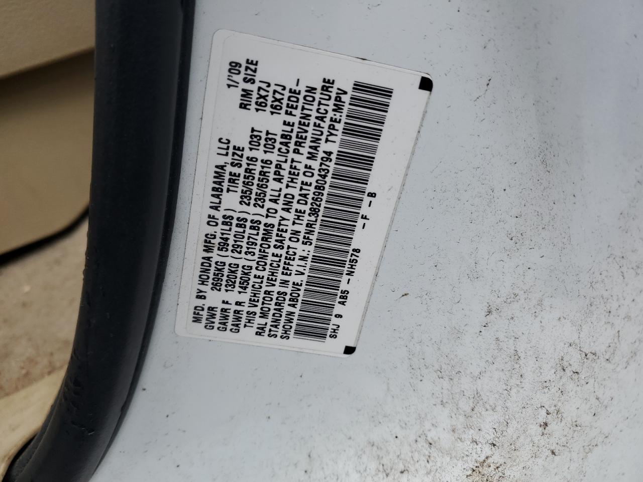 5FNRL38269B043794 2009 Honda Odyssey Lx