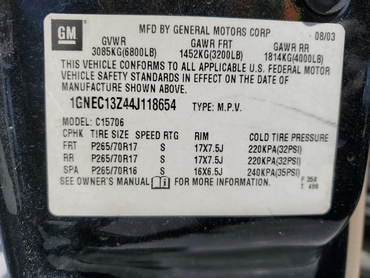 1GNEC13Z44J118654 2004 Chevrolet Tahoe C1500