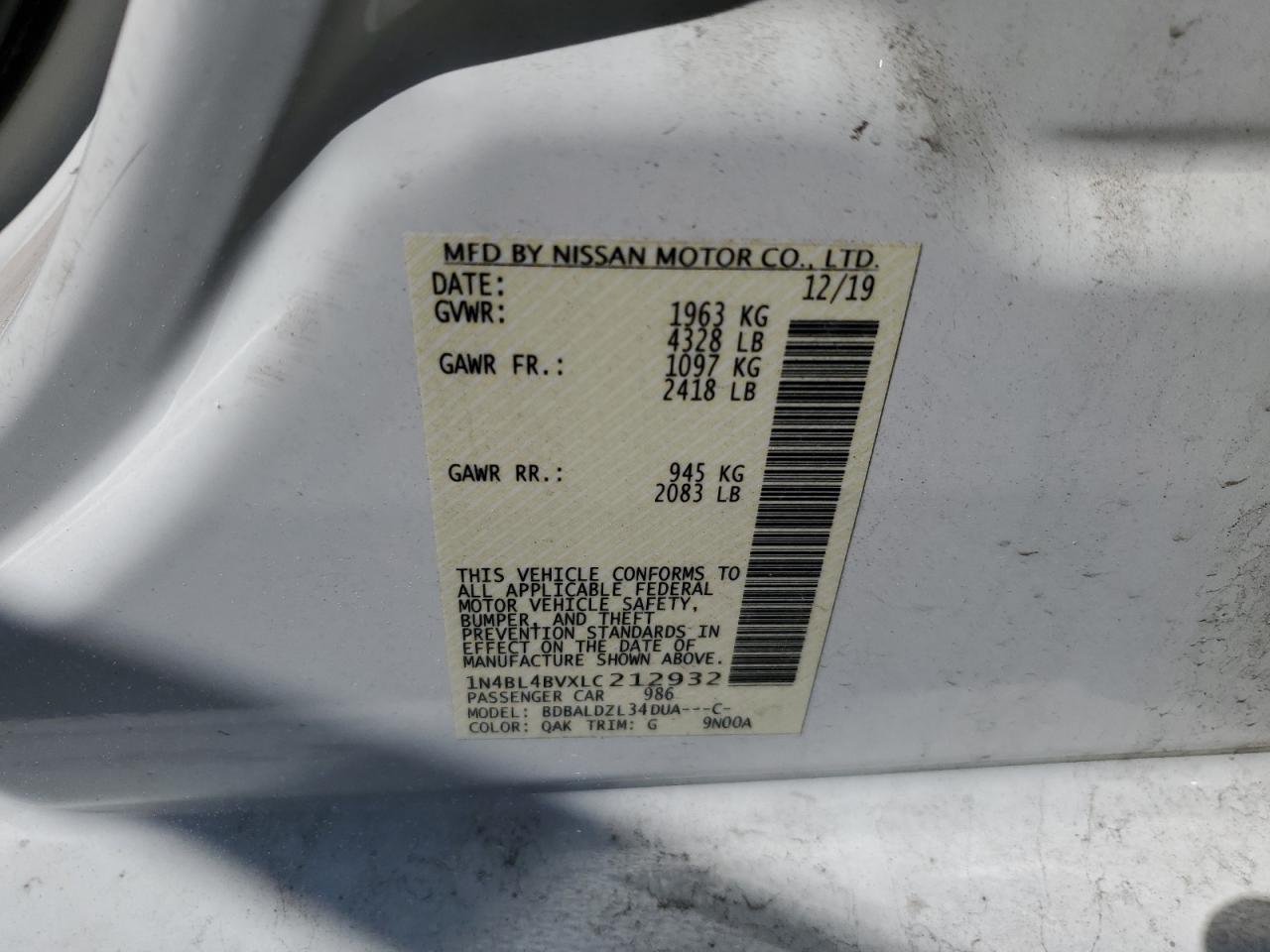 1N4BL4BVXLC212932 2020 Nissan Altima S