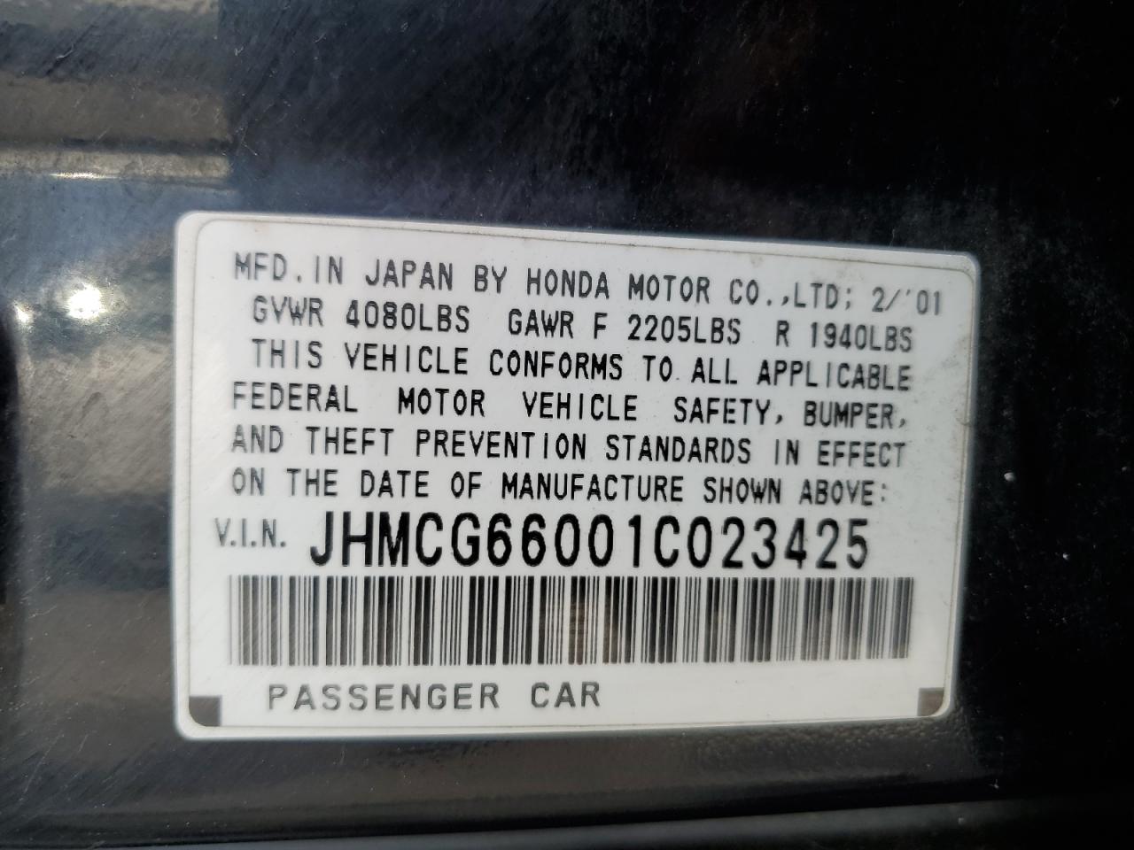 JHMCG66001C023425 2001 Honda Accord Ex