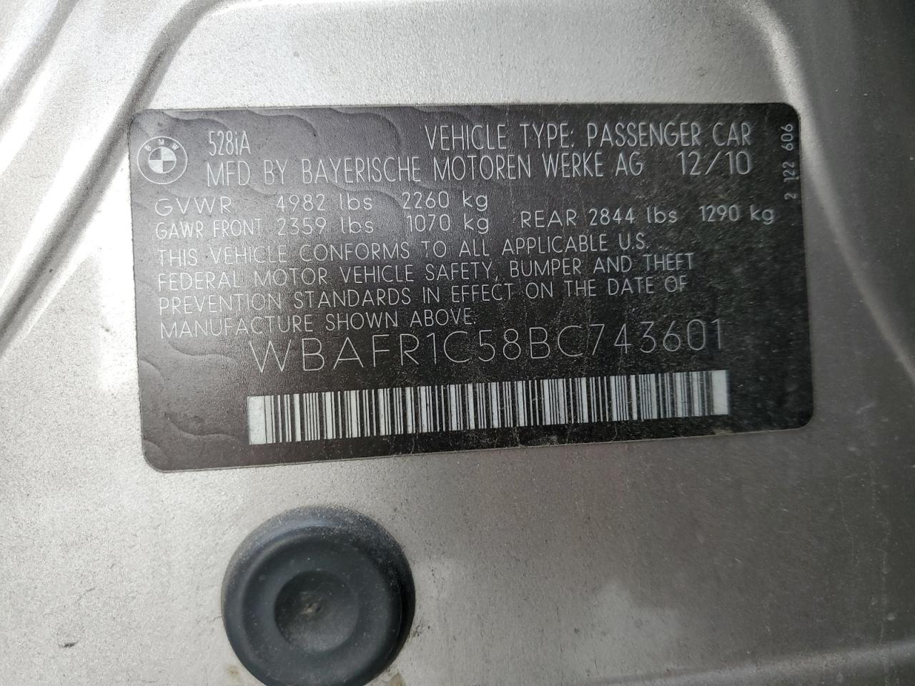 WBAFR1C58BC743601 2011 BMW 528 I