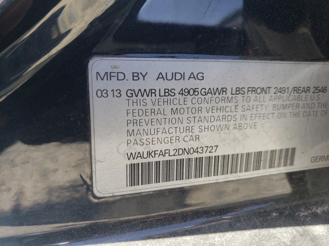 WAUKFAFL2DN043727 2013 Audi A4 Prestige