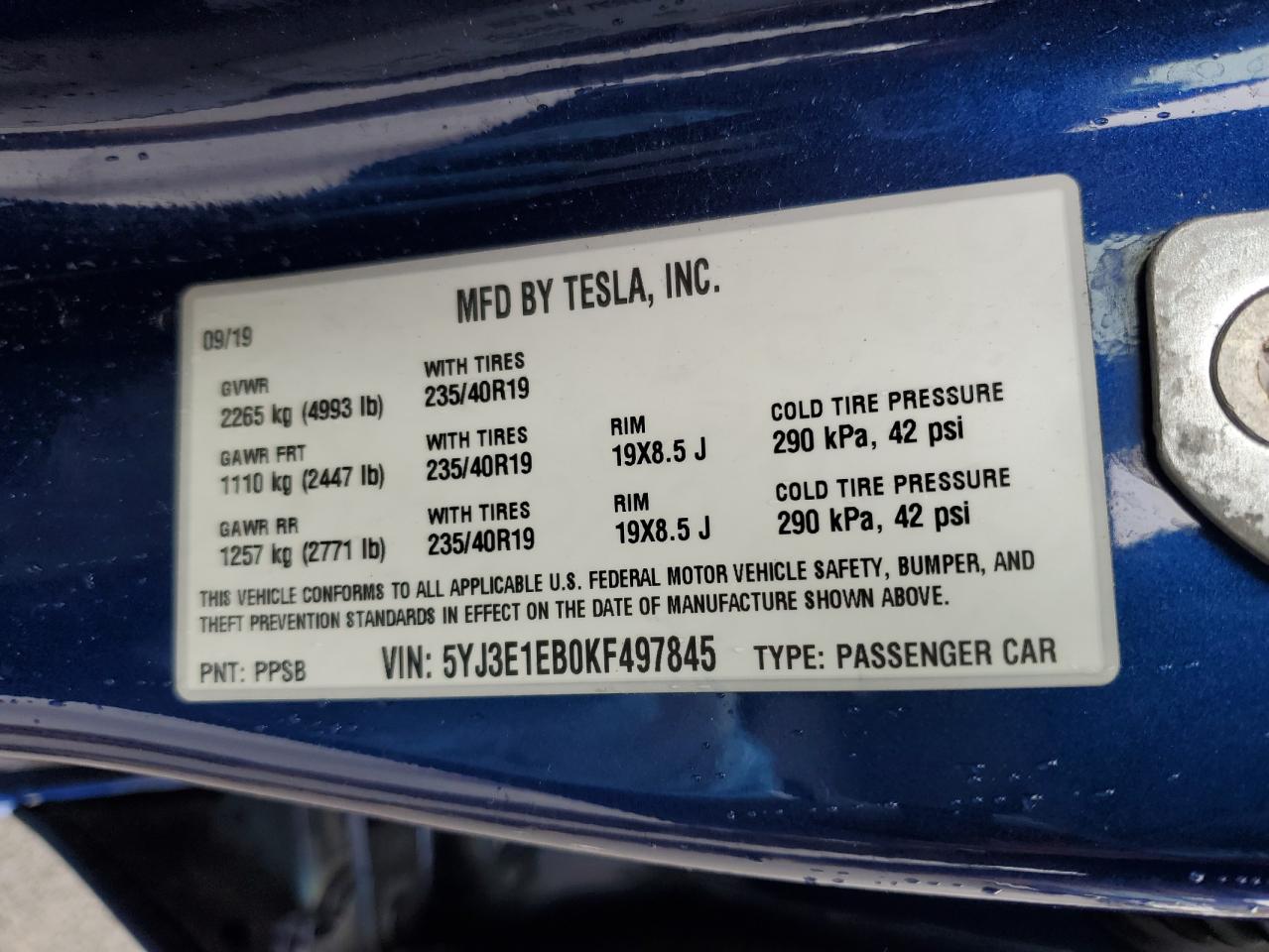 5YJ3E1EB0KF497845 2019 Tesla Model 3