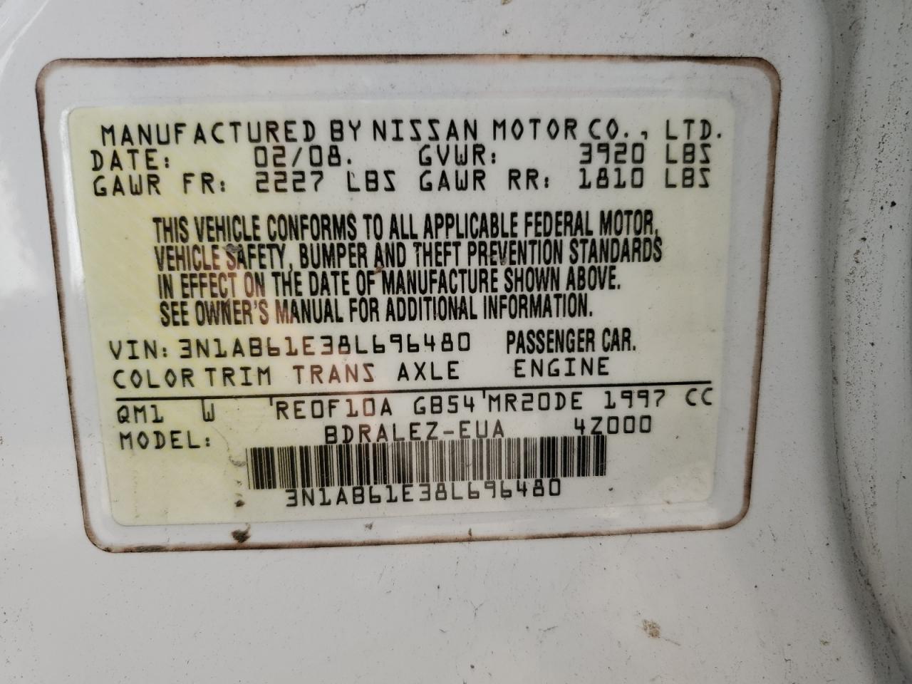 3N1AB61E38L696480 2008 Nissan Sentra 2.0