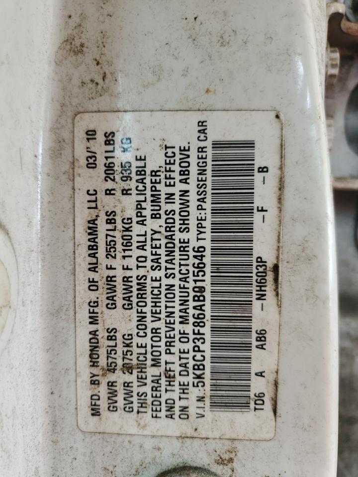 5KBCP3F86AB015646 2010 Honda Accord Exl