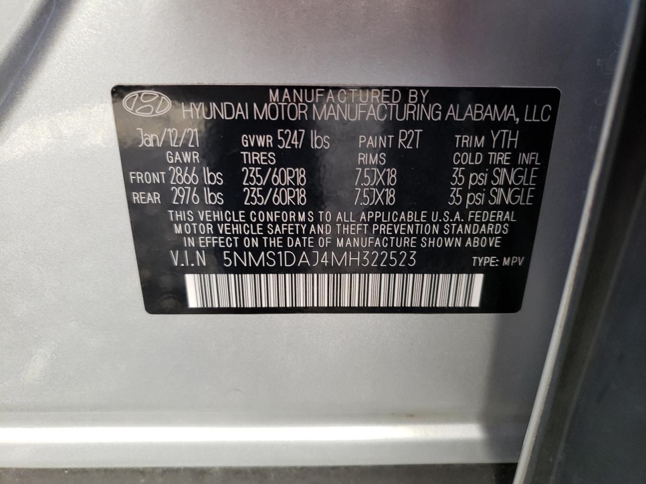 5NMS1DAJ4MH322523 2021 Hyundai Santa Fe Se