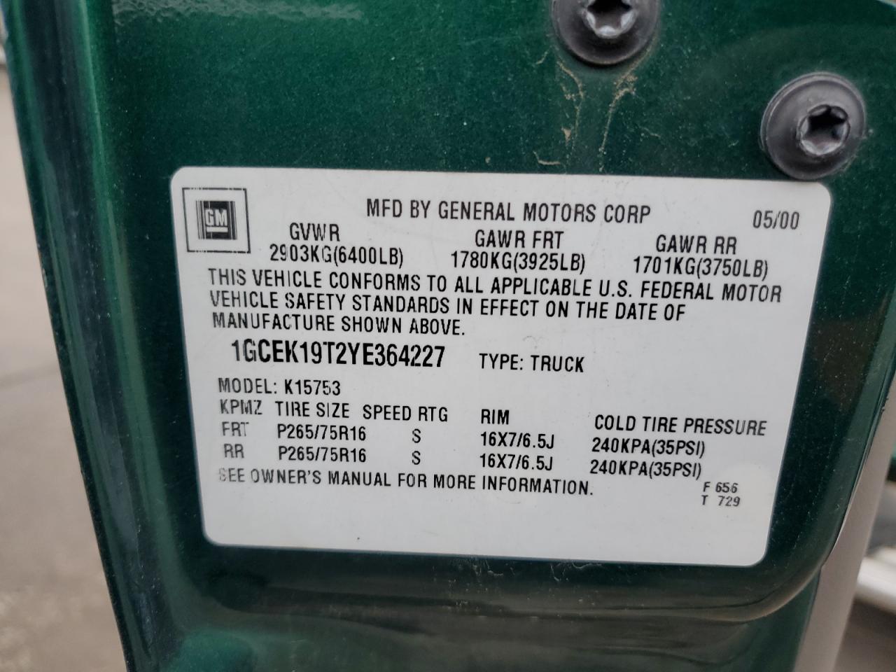 1GCEK19T2YE364227 2000 Chevrolet Silverado K1500