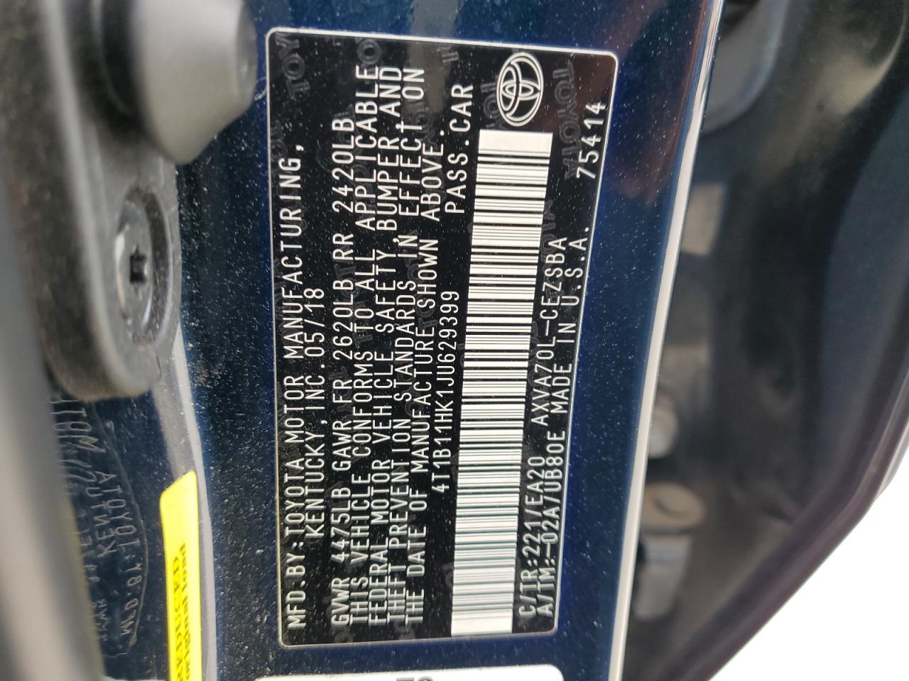 2018 Toyota Camry L vin: 4T1B11HK1JU629399