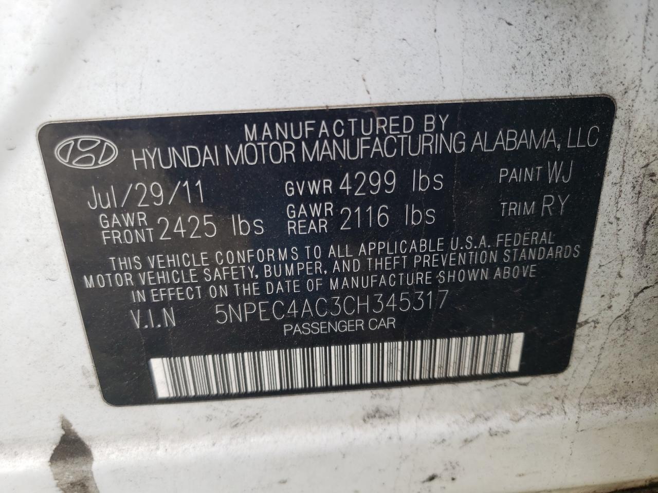 5NPEC4AC3CH345317 2012 Hyundai Sonata Se