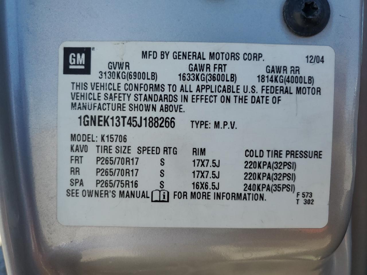 1GNEK13T45J188266 2005 Chevrolet Tahoe K1500