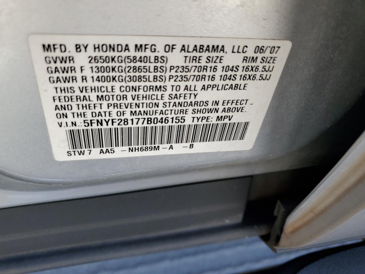 5FNYF28177B046155 2007 Honda Pilot Lx
