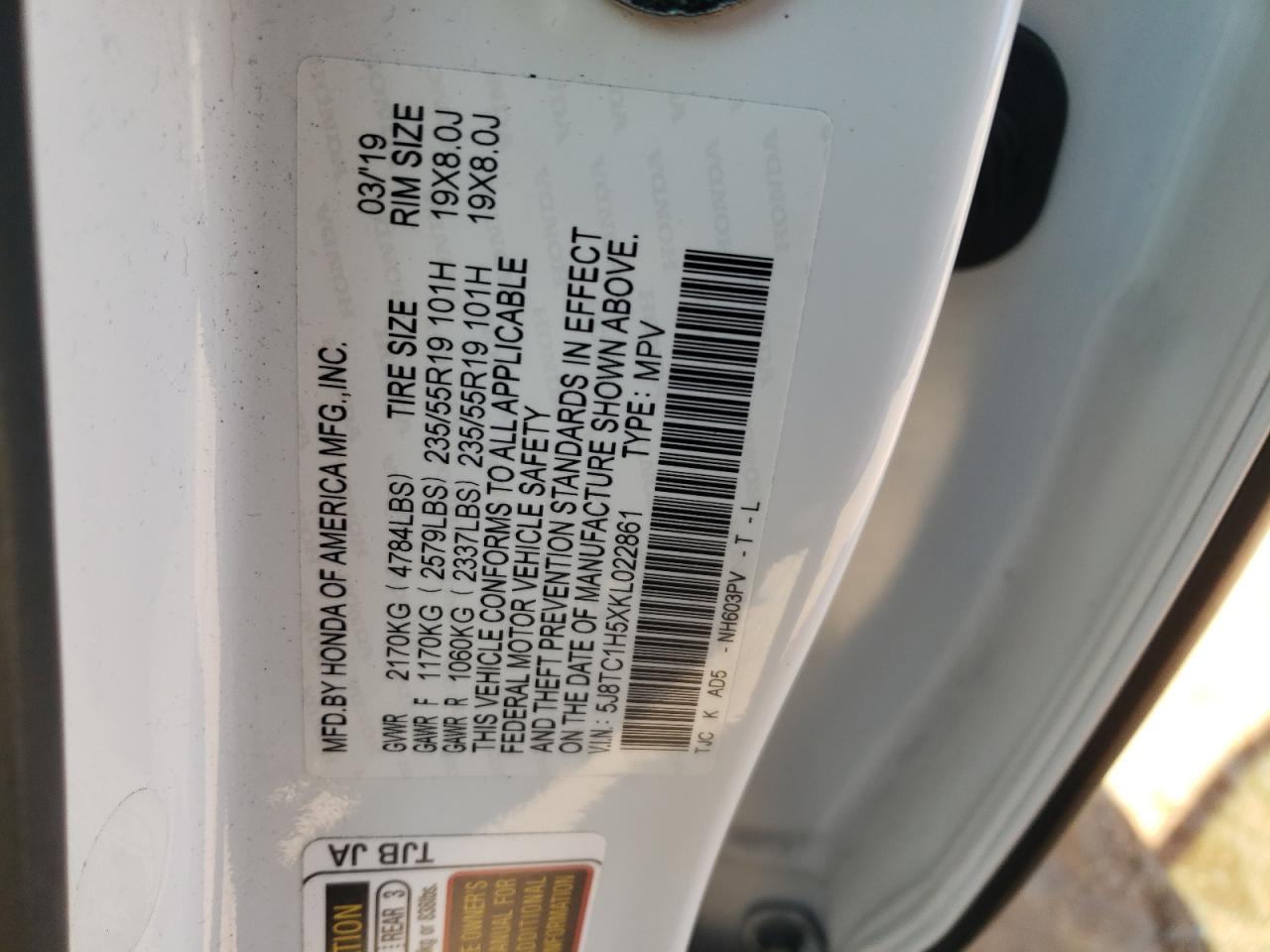 5J8TC1H5XKL022861 2019 Acura Rdx Technology