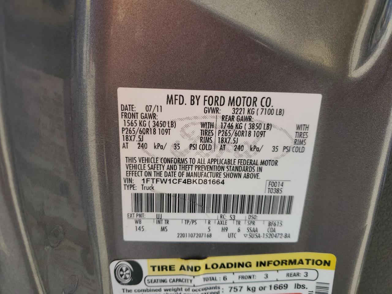 1FTFW1CF4BKD81664 2011 Ford F150 Supercrew
