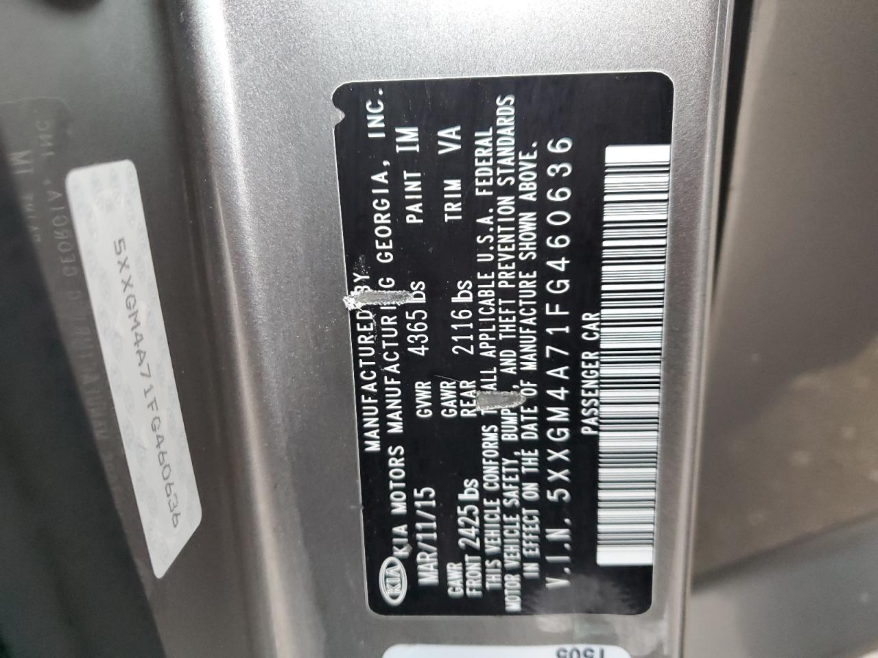 5XXGM4A71FG460636 2015 Kia Optima Lx