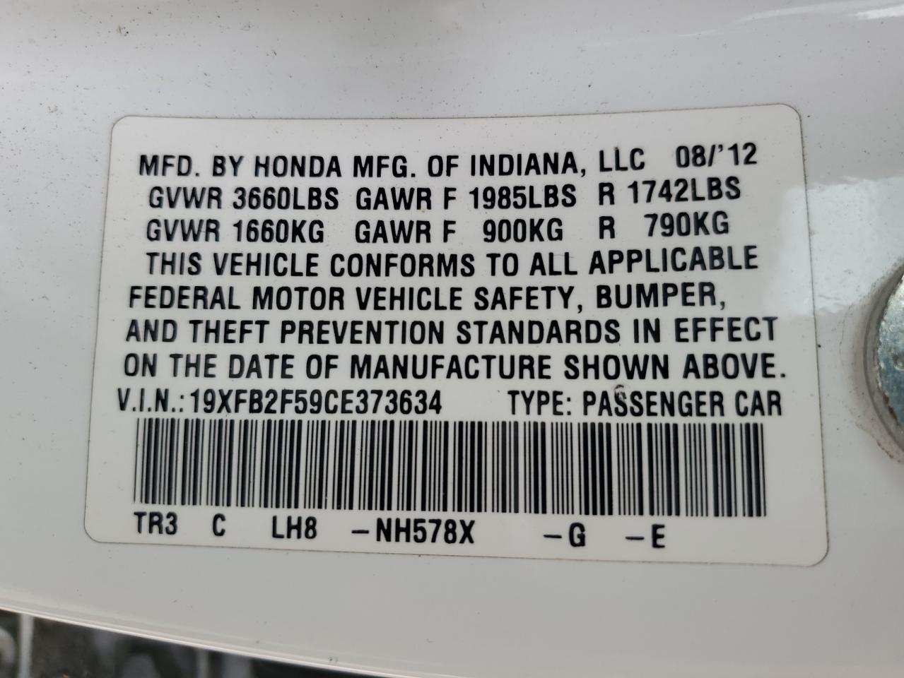 19XFB2F59CE373634 2012 Honda Civic Lx