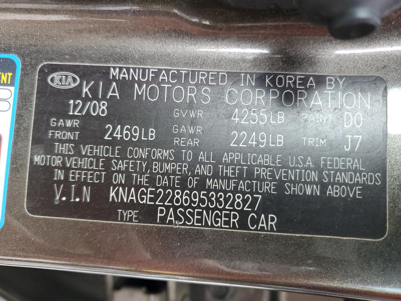 KNAGE228695332827 2009 Kia Optima Lx