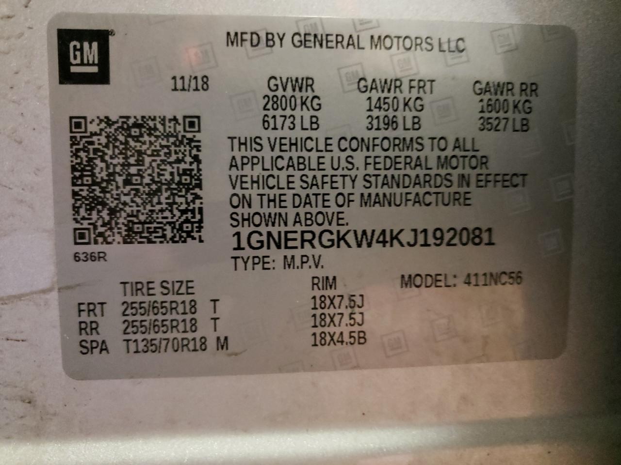 1GNERGKW4KJ192081 2019 Chevrolet Traverse Lt