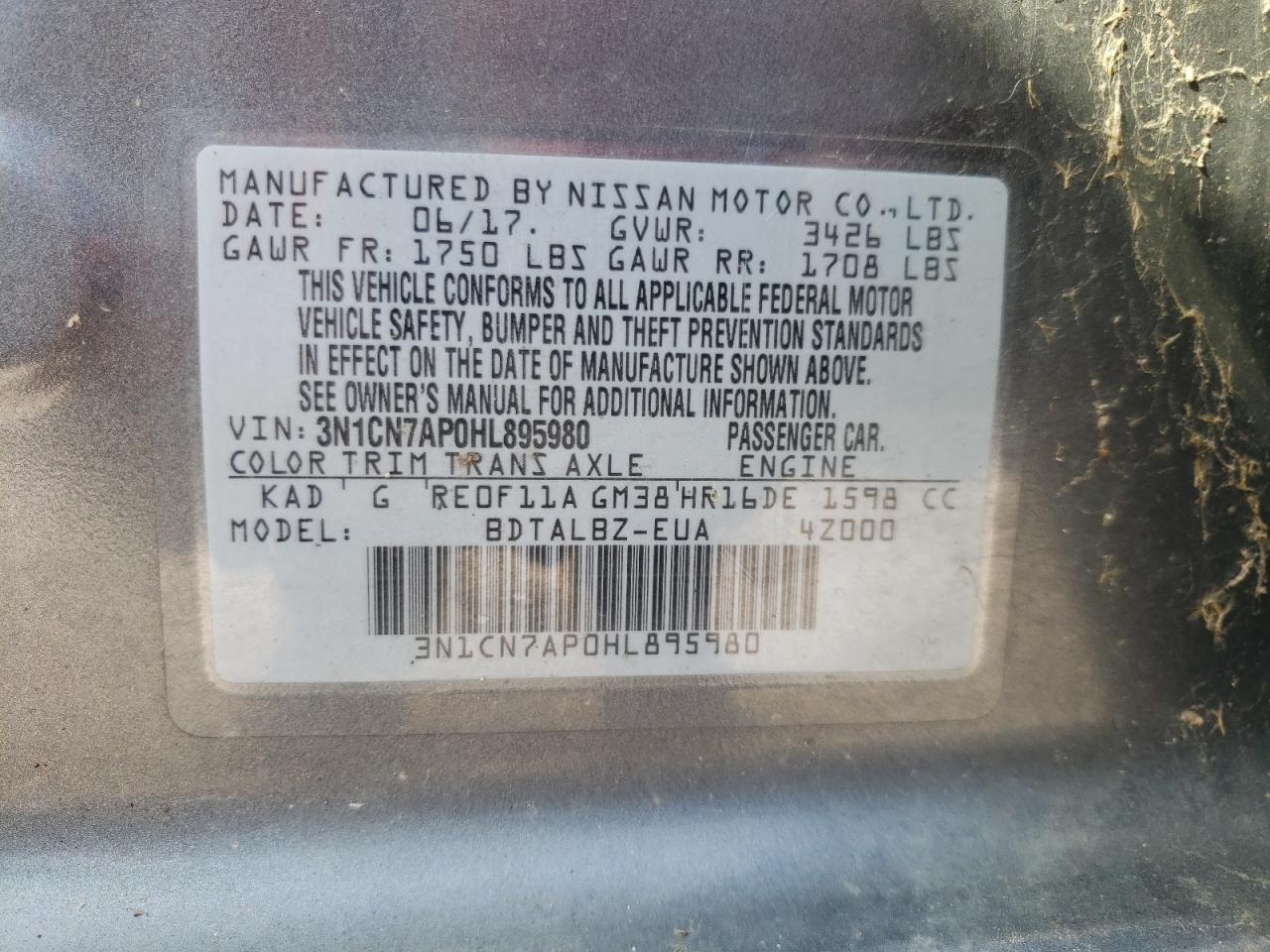 3N1CN7AP0HL895980 2017 Nissan Versa S