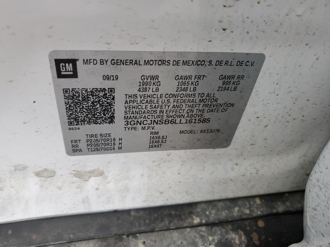 3GNCJNSB6LL161585 2020 Chevrolet Trax Ls