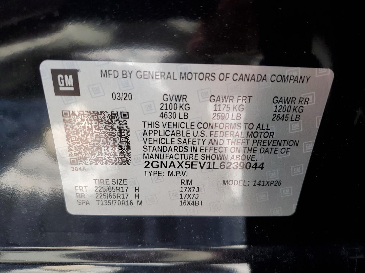 2GNAX5EV1L6239044 2020 Chevrolet Equinox