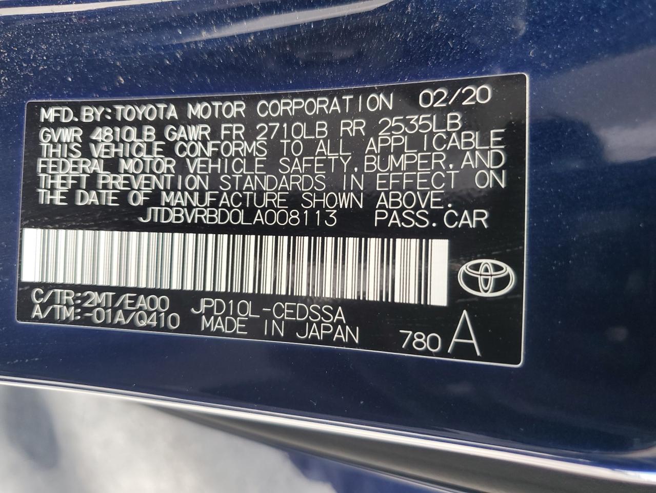 JTDBVRBD0LA008113 2020 Toyota Mirai