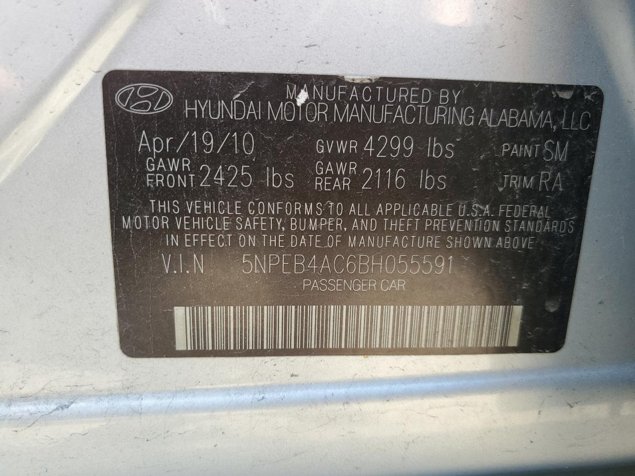 5NPEB4AC6BH055591 2011 Hyundai Sonata Gls