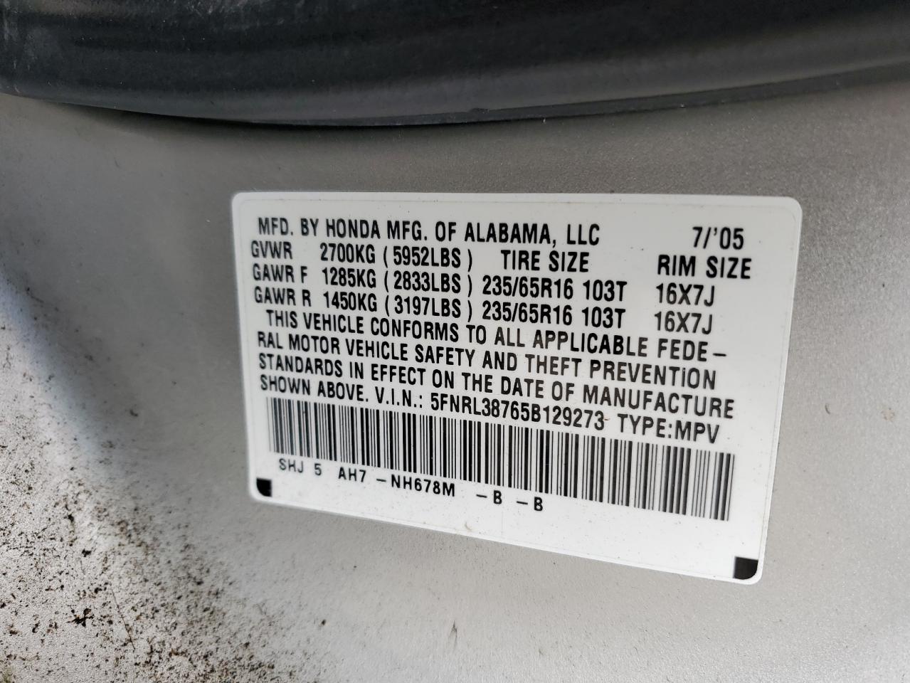 5FNRL38765B129273 2005 Honda Odyssey Exl